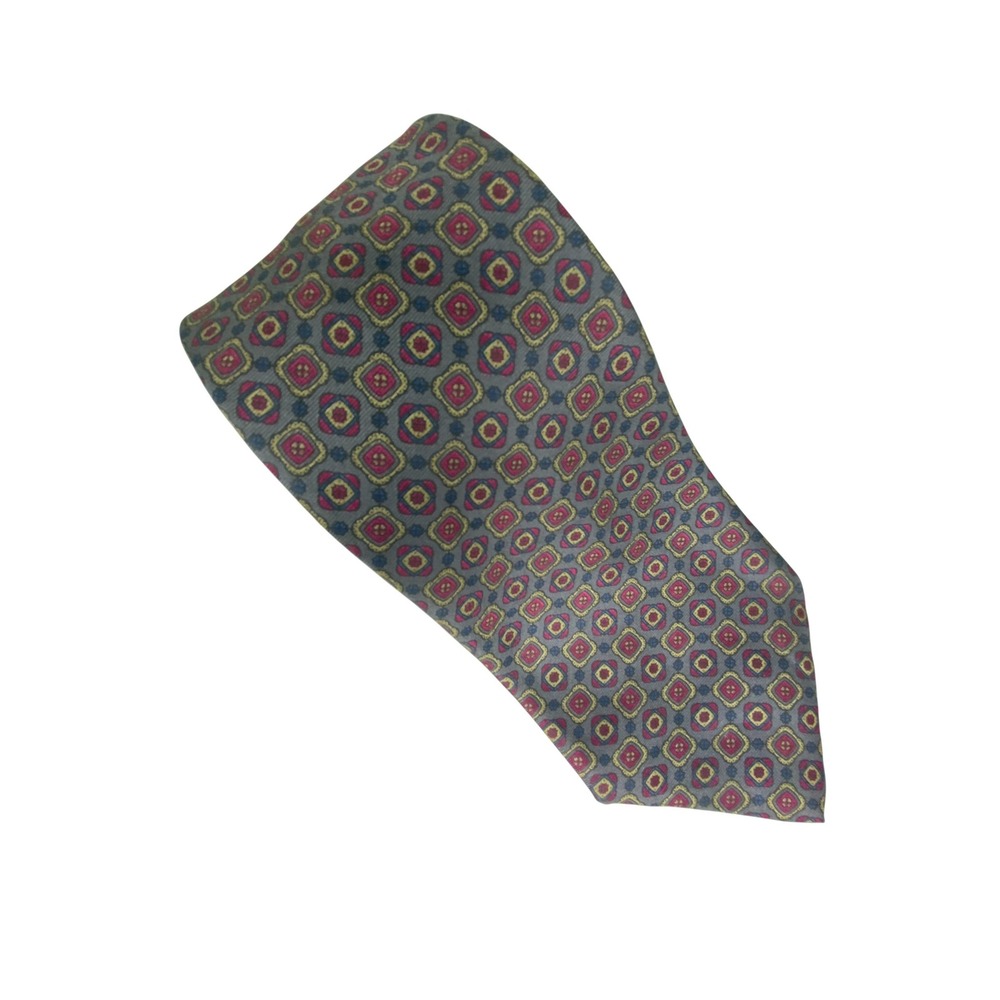 Lanvin Mens Silk Tie Grey Burgundy Geometric Medallion Italy Luxury 59x3.5
